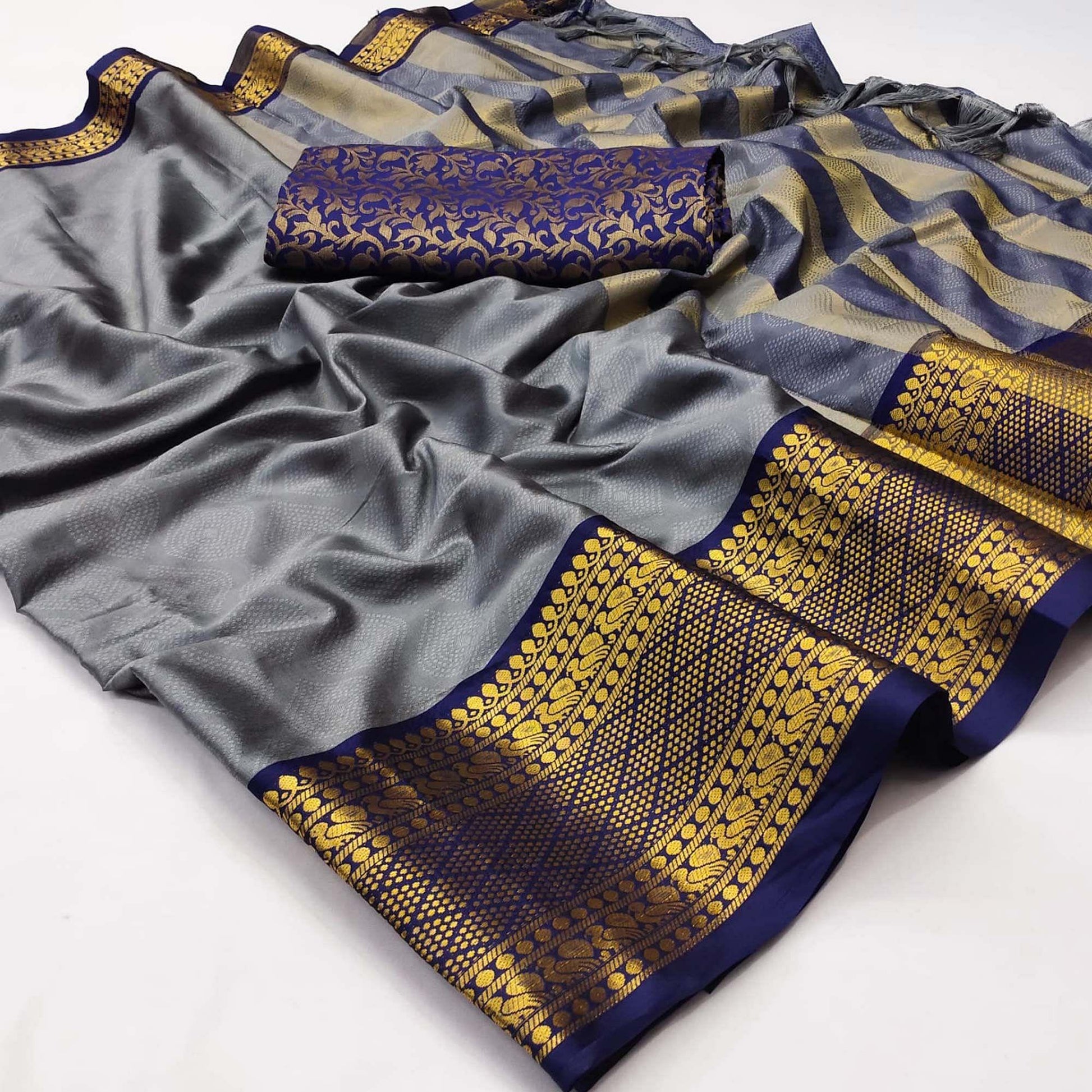 Grey Printed Cotton Silk Saree
