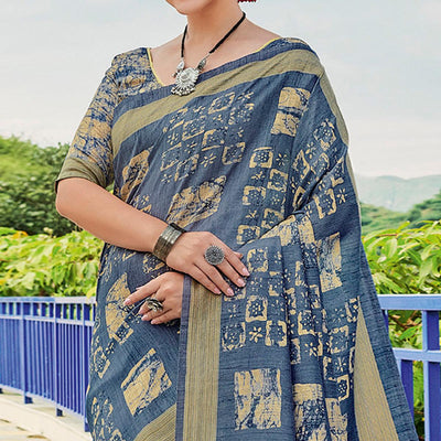 Grey Printed Cotton Silk Saree