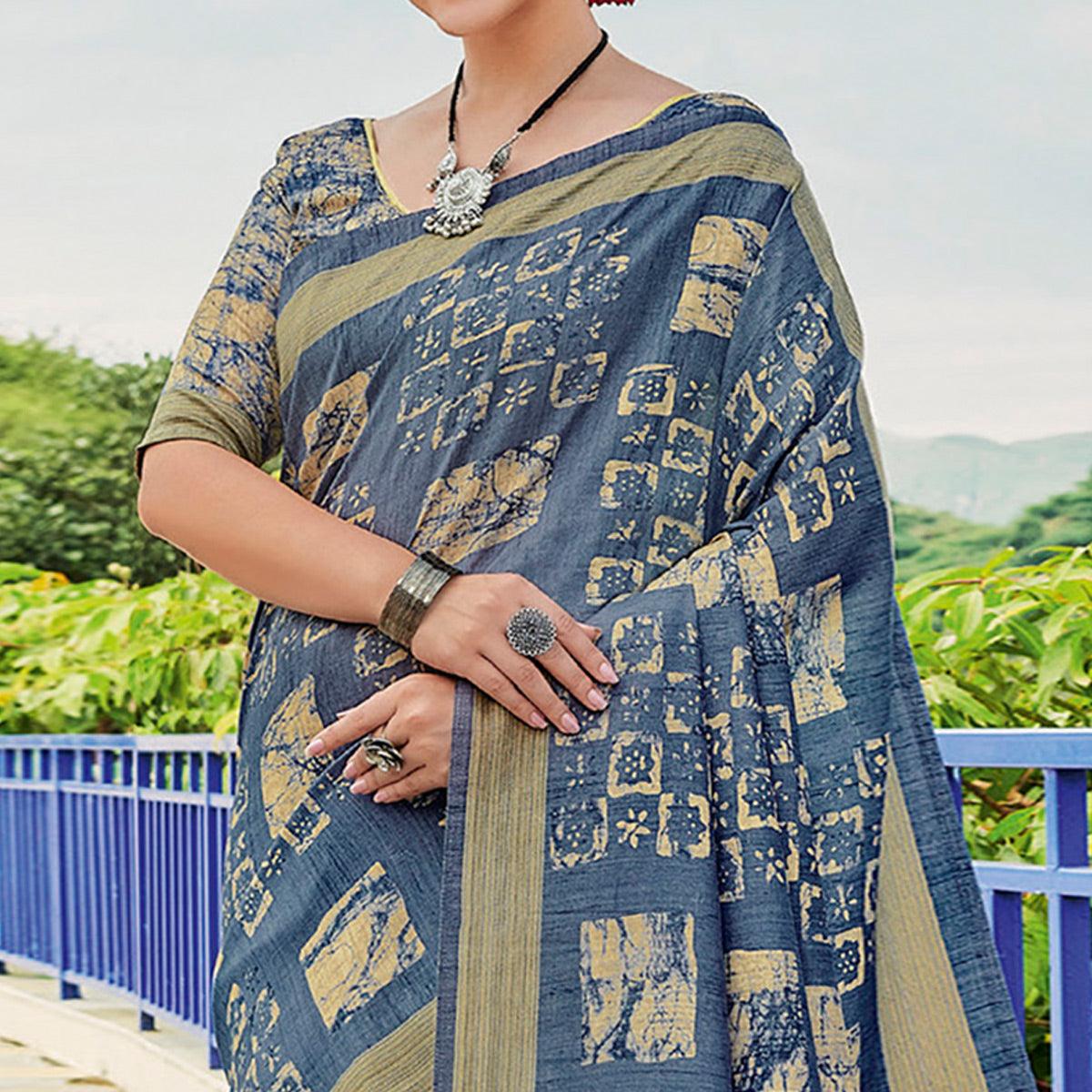 Grey Printed Cotton Silk Saree