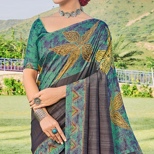 Grey Printed Cotton Silk Saree