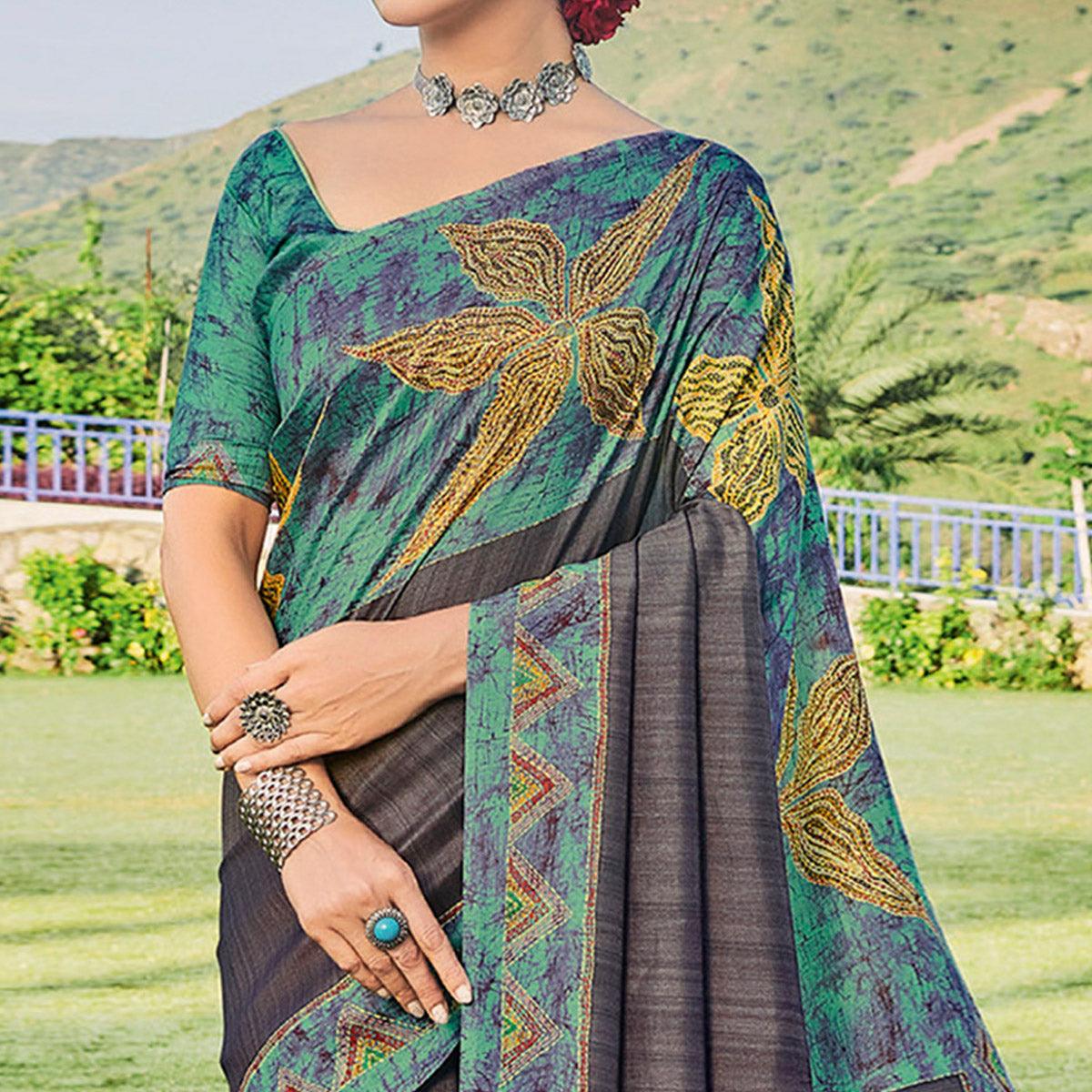 Grey Printed Cotton Silk Saree
