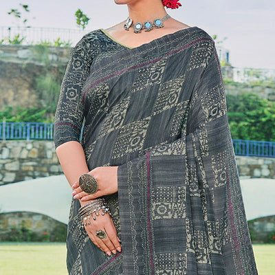 Grey Printed Cotton Silk Saree