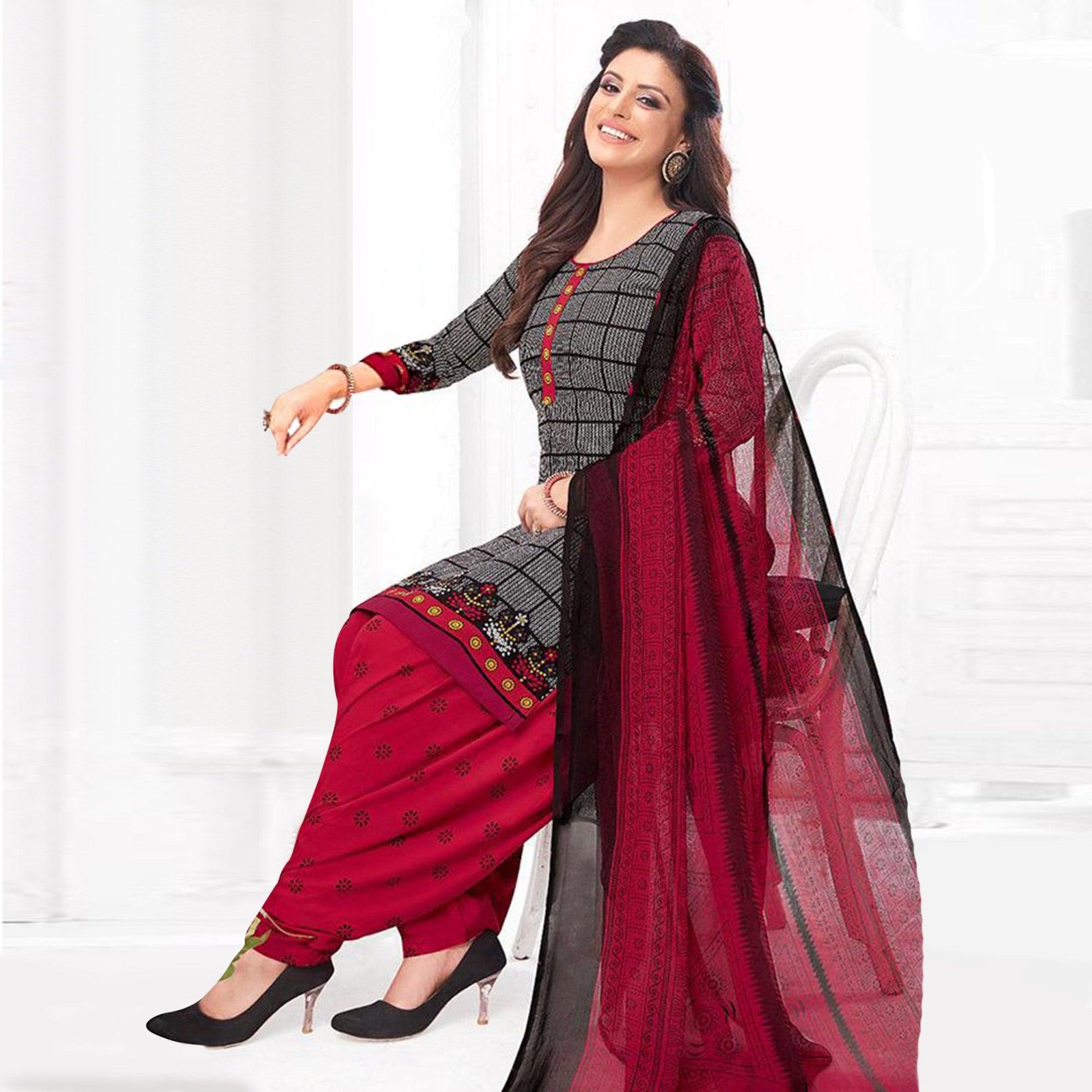 Grey Printed Crepe Patiala Dress Material