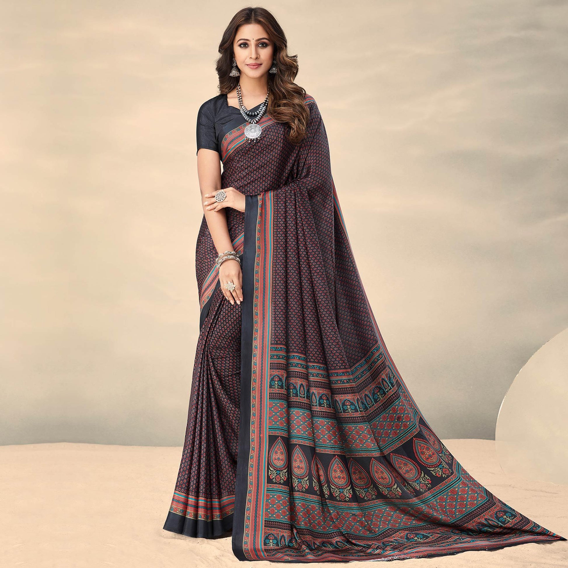 Grey Printed Crepe Saree