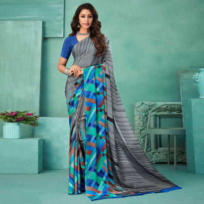 Grey Printed Crepe Saree