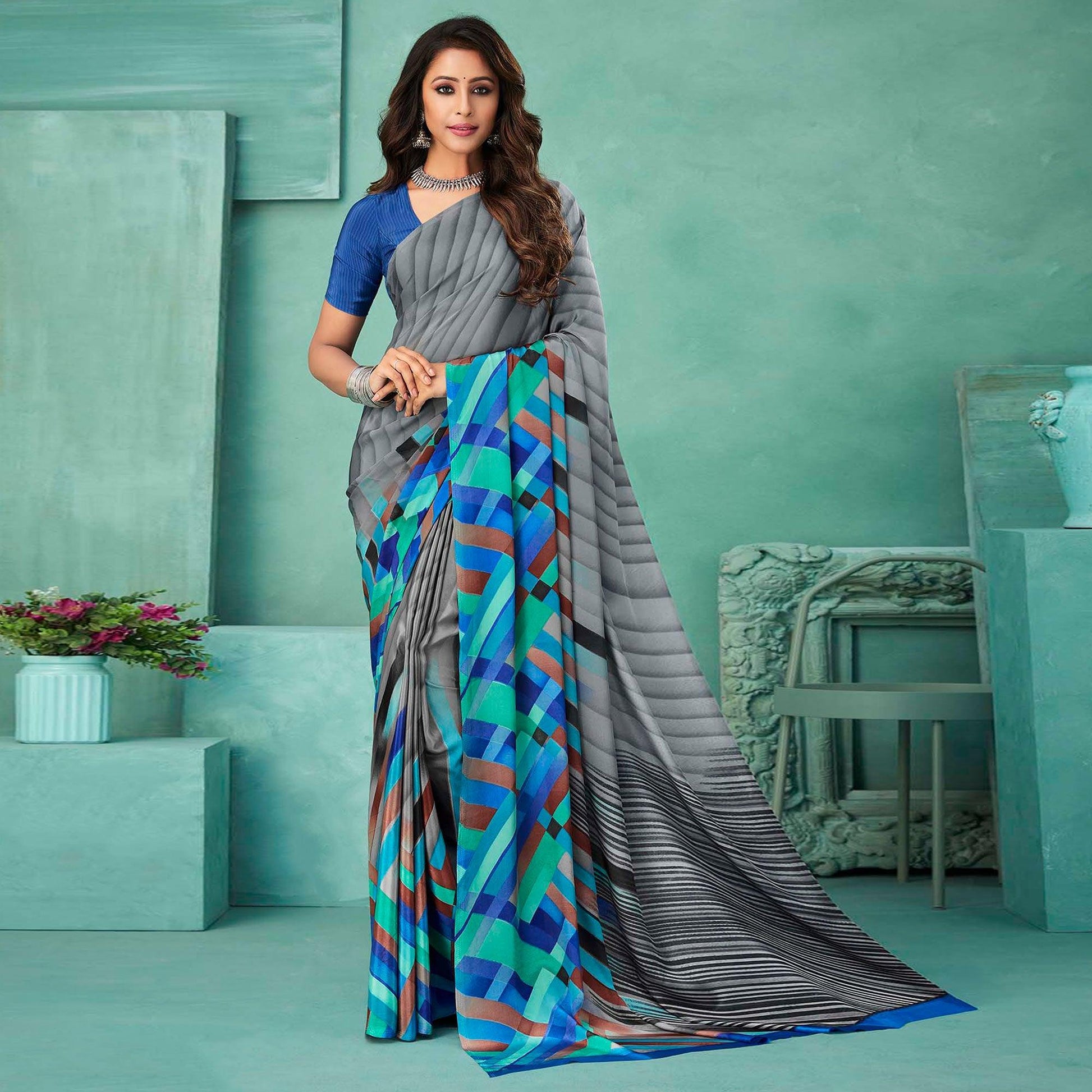 Grey Printed Crepe Saree