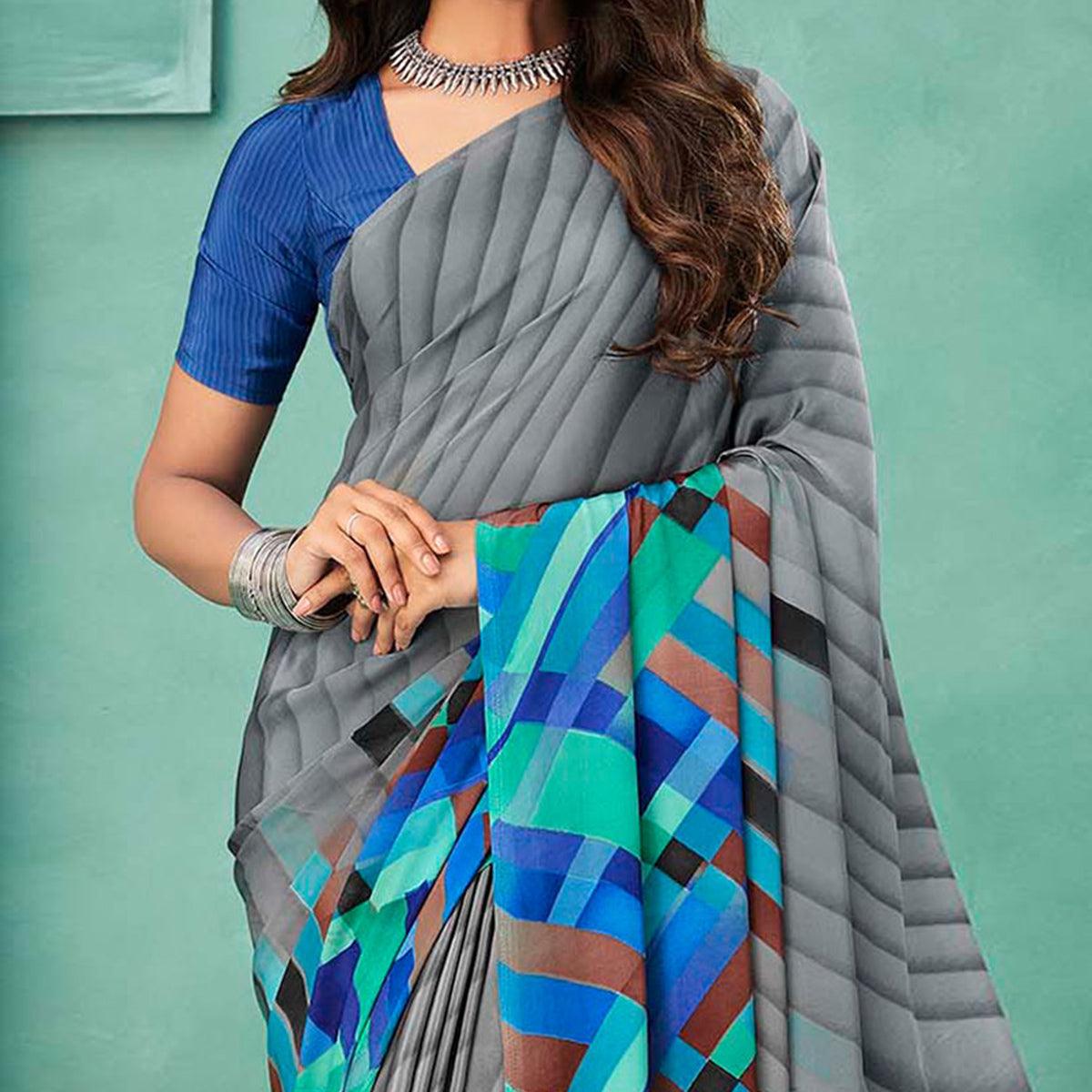 Grey Printed Crepe Saree