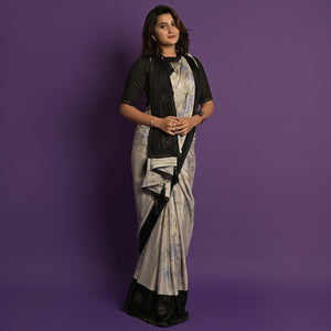 Grey Printed-Embellished Chiffon Saree