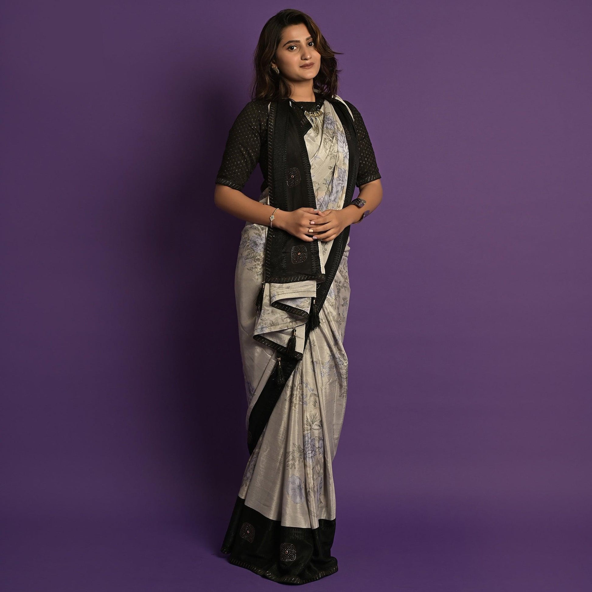 Grey Printed-Embellished Chiffon Saree