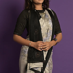 Grey Printed-Embellished Chiffon Saree