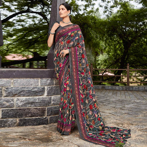 Grey Printed Geoergette Saree