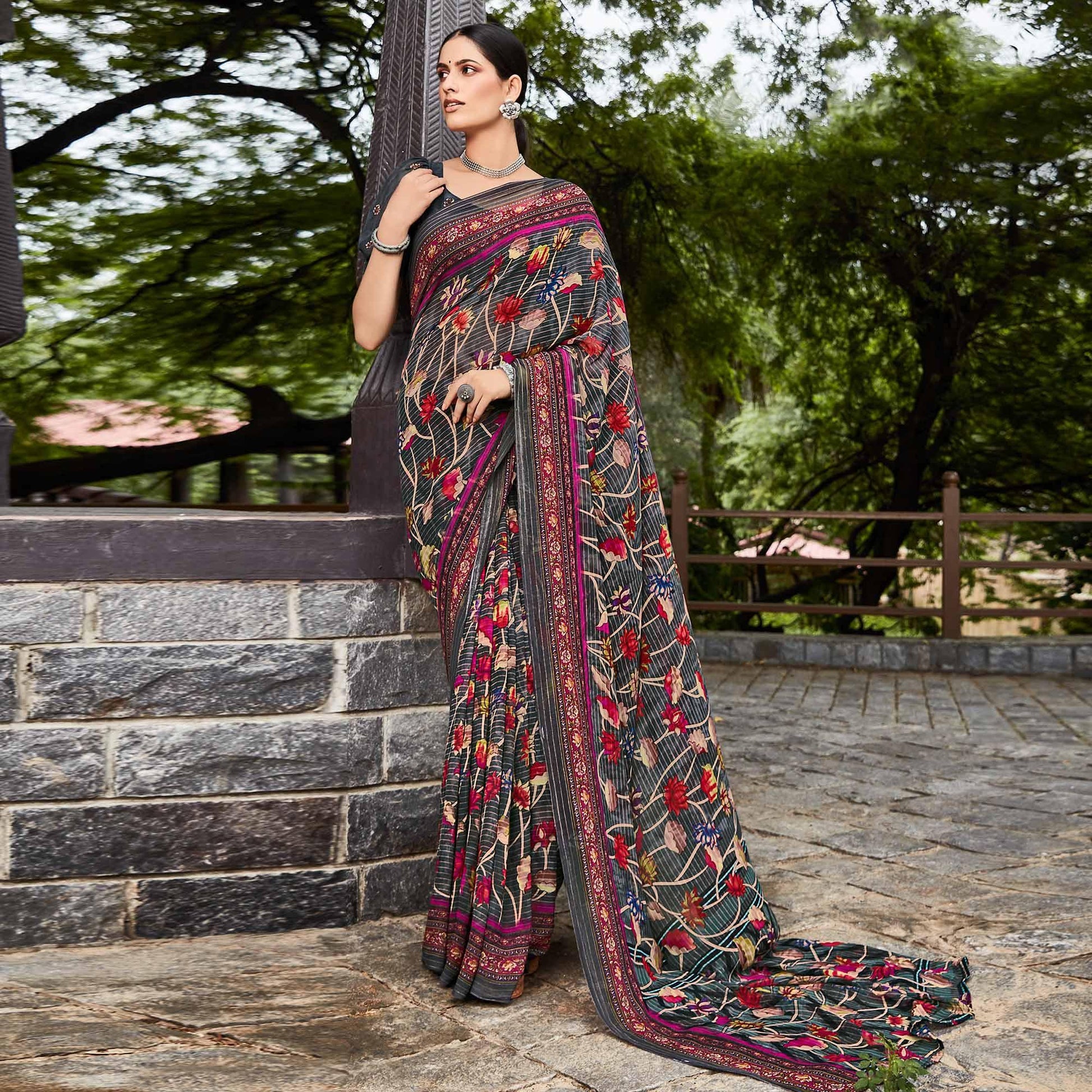 Grey Printed Geoergette Saree