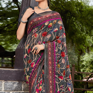 Grey Printed Geoergette Saree