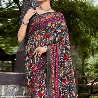 Grey Printed Geoergette Saree