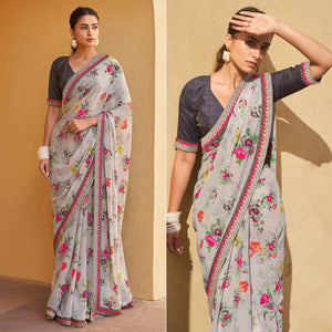 Grey Printed Georgette Saree