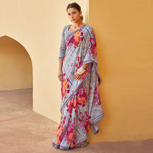 Grey Printed Georgette Saree