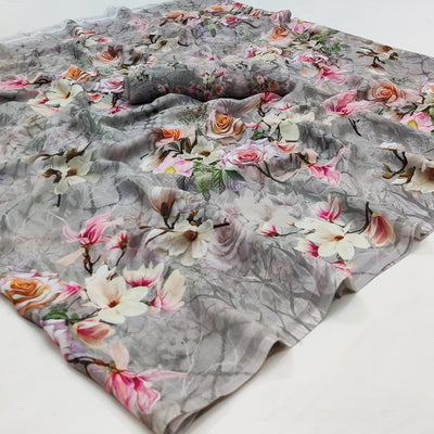 Grey Printed Georgette Saree