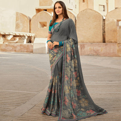 Grey Printed Georgette Saree