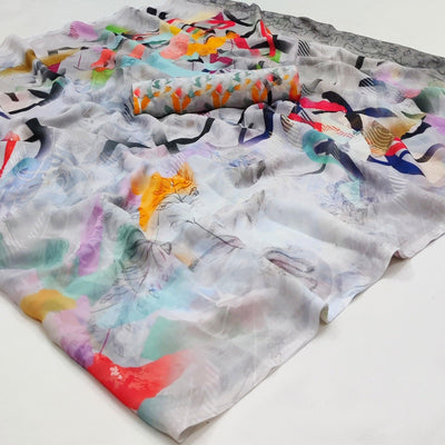 Grey Printed Georgette Saree