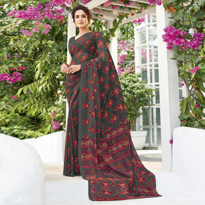 Grey Printed Georgette Saree