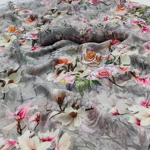 Grey Printed Georgette Saree