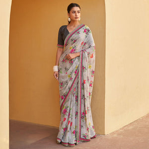 Grey Printed Georgette Saree
