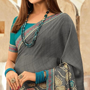 Grey Printed Georgette Saree