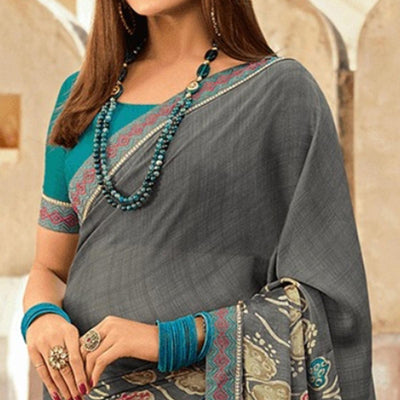 Grey Printed Georgette Saree