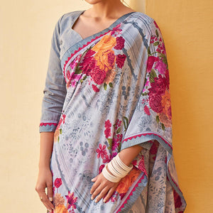 Grey Printed Georgette Saree