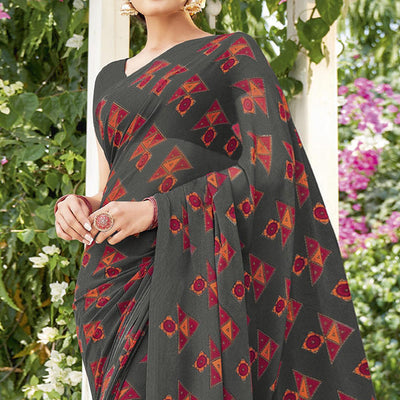 Grey Printed Georgette Saree