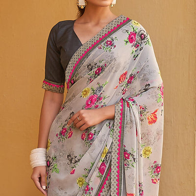 Grey Printed Georgette Saree
