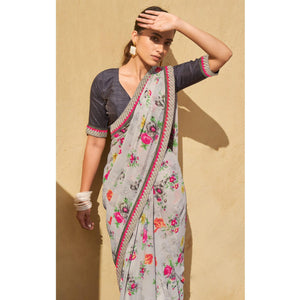 Grey Printed Georgette Saree