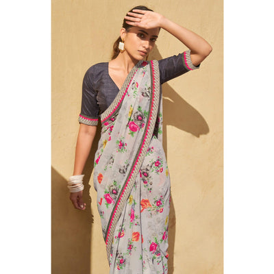 Grey Printed Georgette Saree