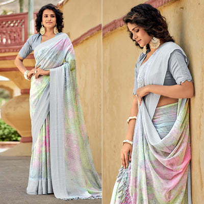 Grey Printed Georgette Saree With Tassels