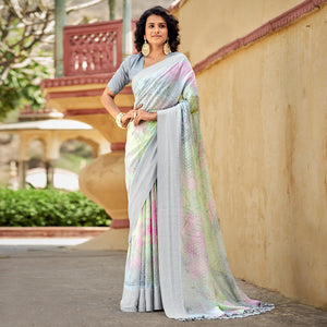 Grey Printed Georgette Saree With Tassels