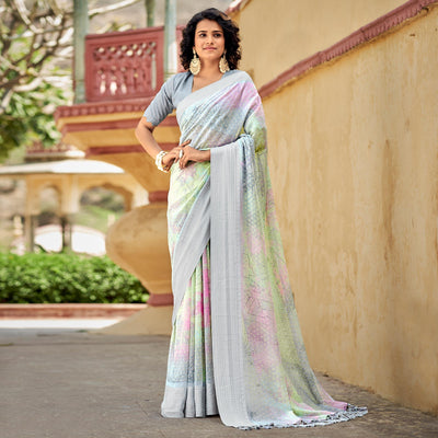 Grey Printed Georgette Saree With Tassels