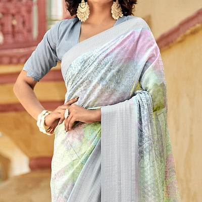 Grey Printed Georgette Saree With Tassels