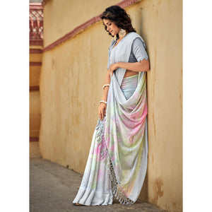 Grey Printed Georgette Saree With Tassels