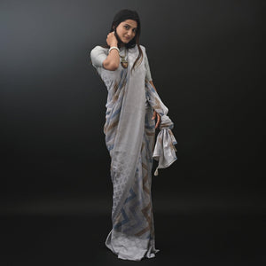 Grey Printed Jacquard Border Georgette Saree
