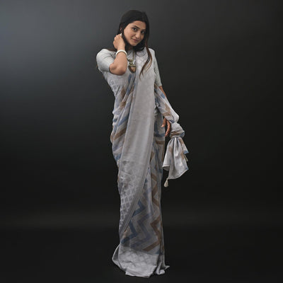Grey Printed Jacquard Border Georgette Saree