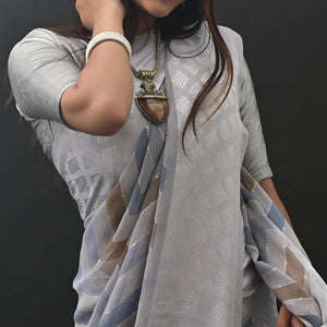 Grey Printed Jacquard Border Georgette Saree
