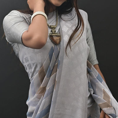 Grey Printed Jacquard Border Georgette Saree