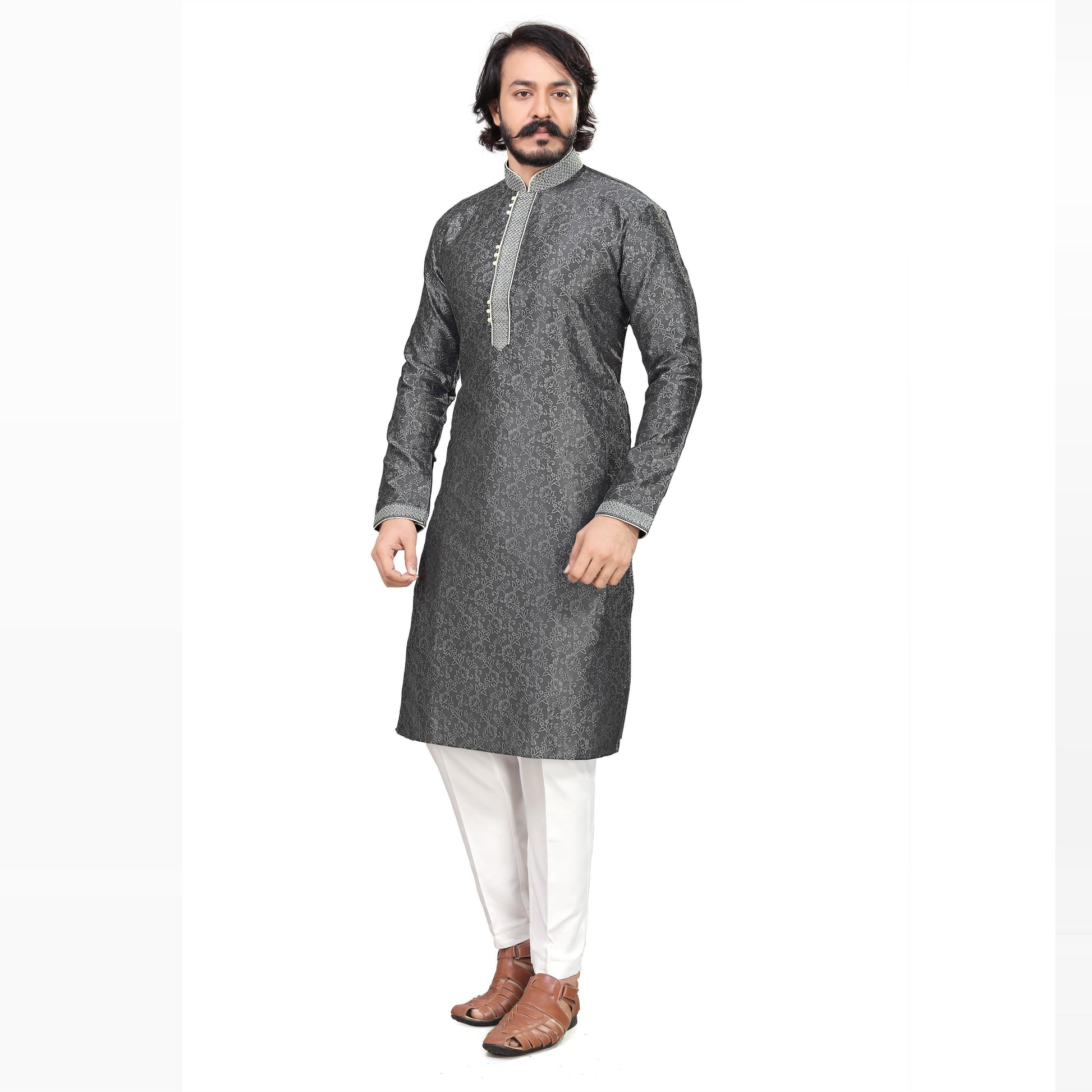 Grey Woven Jacquard Men's Kurta Pyjama Set