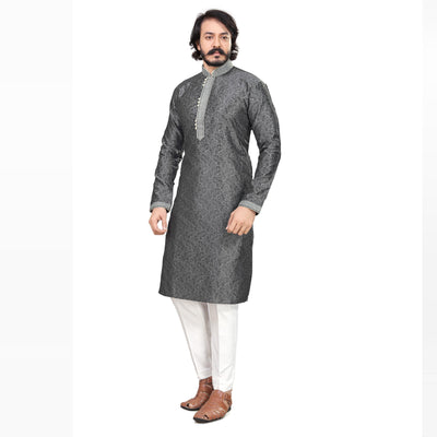 Grey Woven Jacquard Men's Kurta Pyjama Set