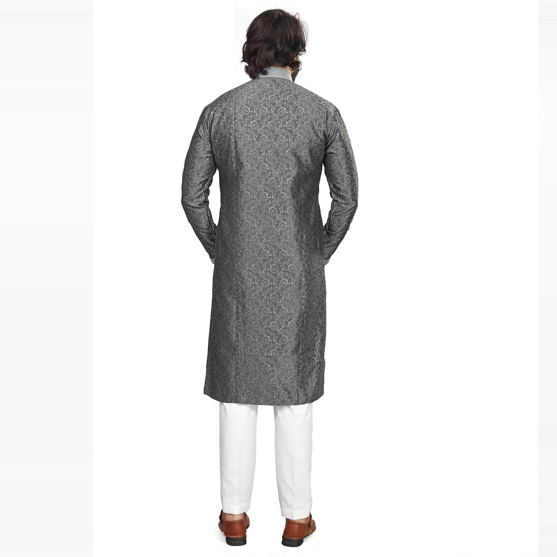 Grey Woven Jacquard Men's Kurta Pyjama Set