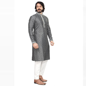 Grey Woven Jacquard Men's Kurta Pyjama Set
