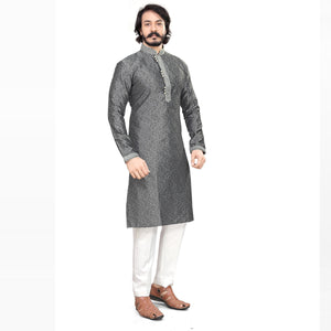 Grey Woven Jacquard Men's Kurta Pyjama Set