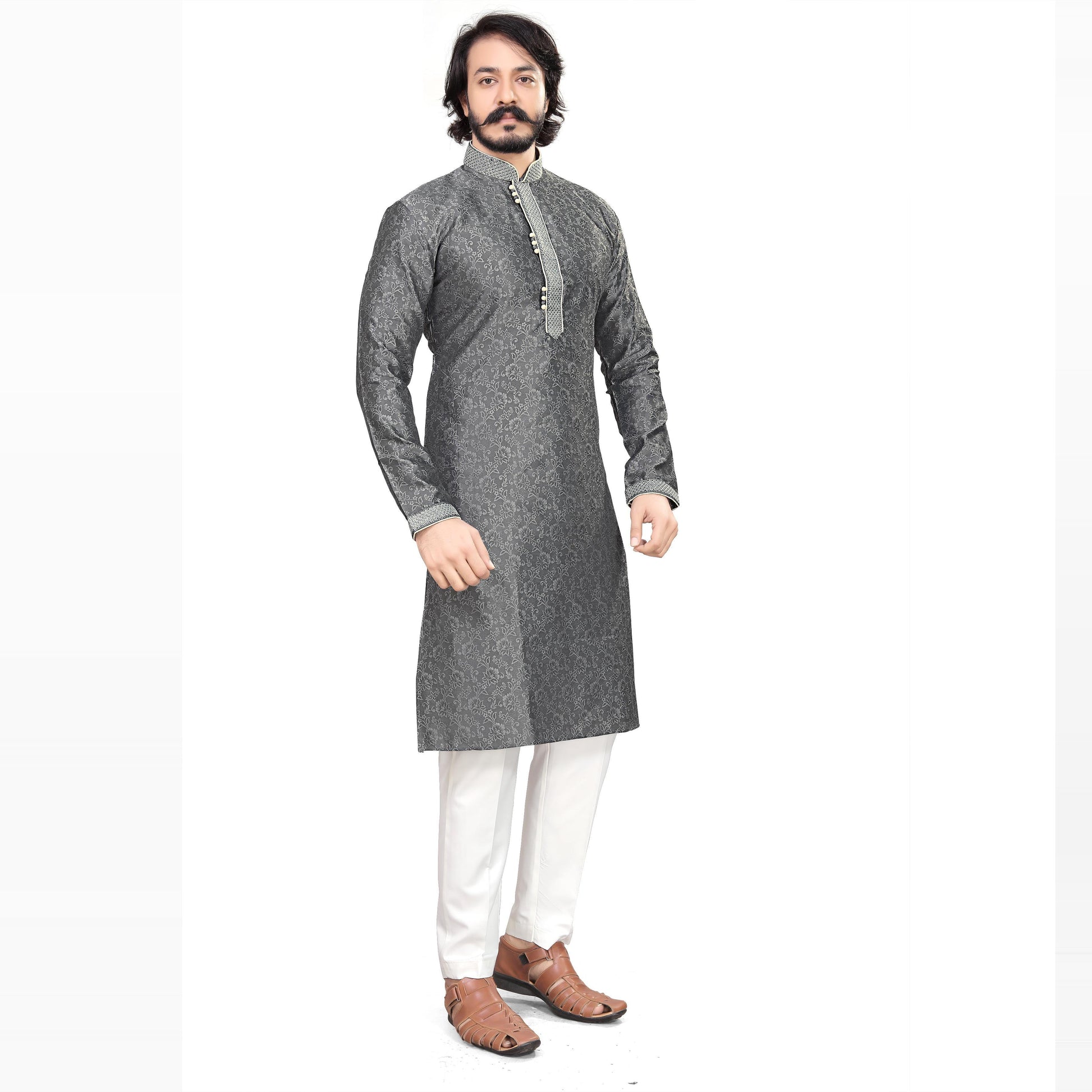 Grey Woven Jacquard Men's Kurta Pyjama Set