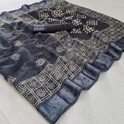 Grey Printed Linen Saree