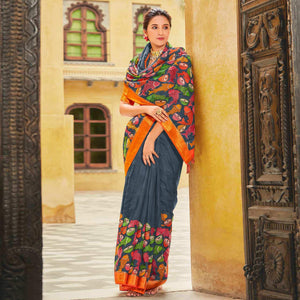 Grey Printed Linen Saree